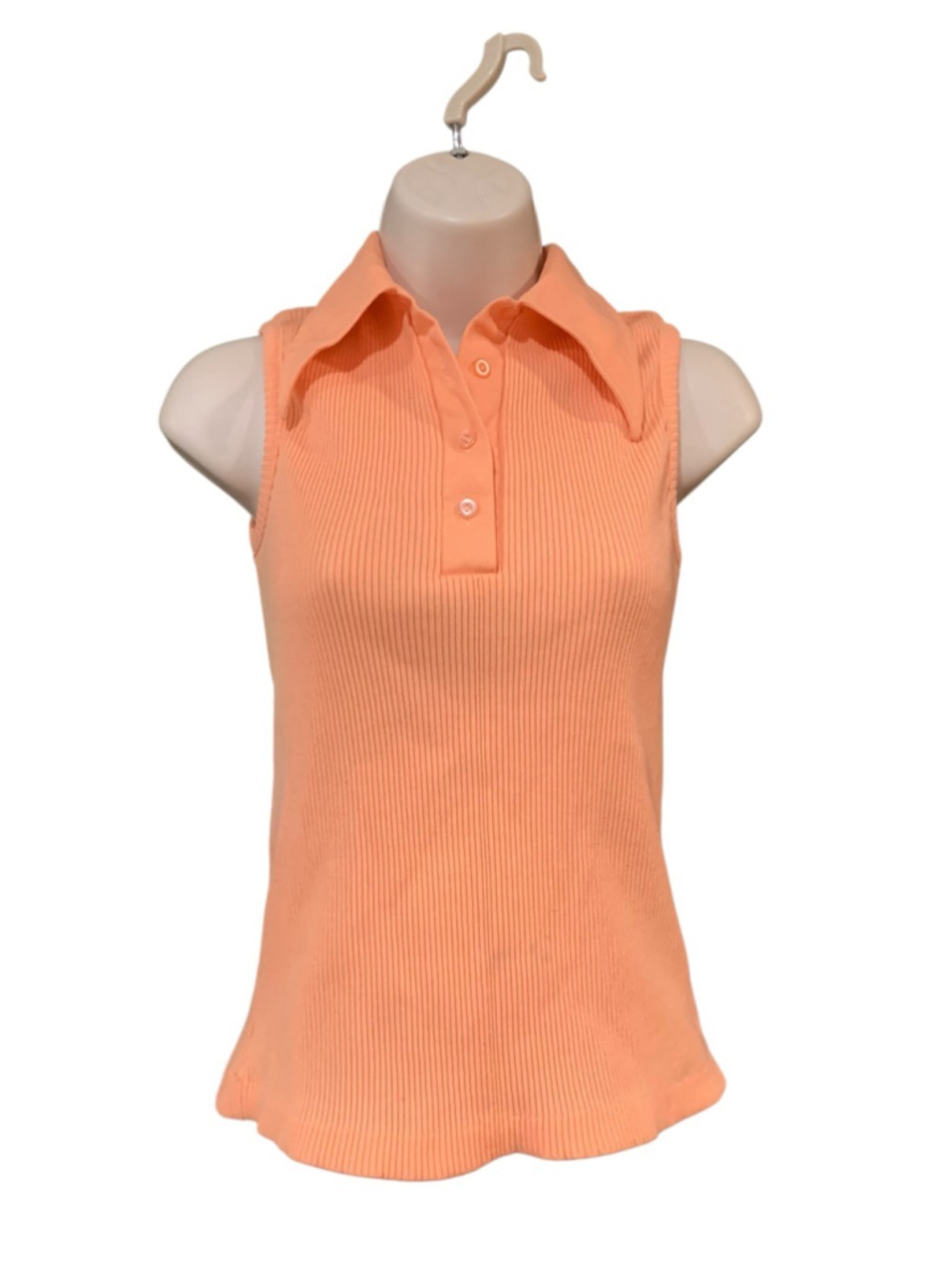 Vintage 70’s Sleeveless Dagger Collar Ribbed Polo Tank Top Orange Size M